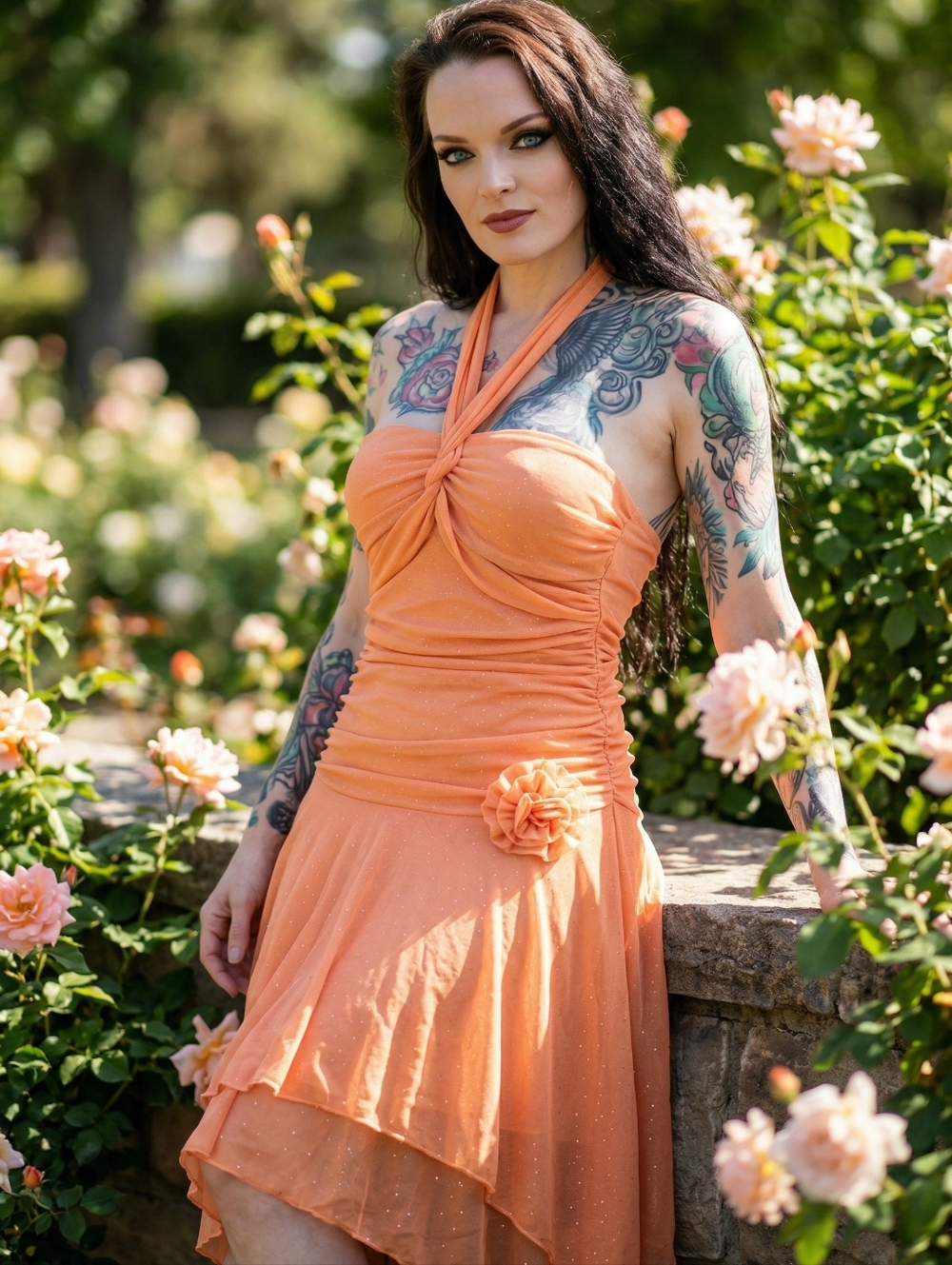Ruby Rox ✦ Peach Glitter Halter Dress ✦ Ruched Bodice Handkerchief Hem S